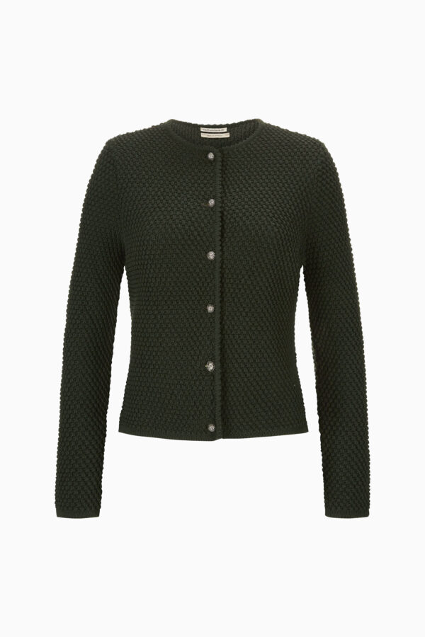 Leicht Taillierte Damenstrickjacke aus Merinowolle mit Perlmuster und Rundhalsausschnitt in Rosmarin.