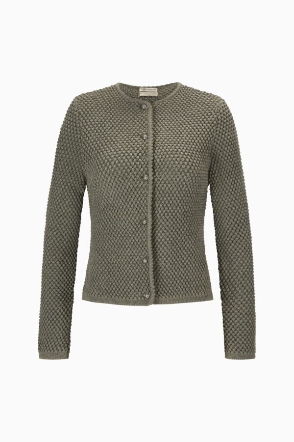 Leicht Taillierte Damenstrickjacke aus Merinowolle mit Perlmuster und Rundhalsausschnitt in Thymian.
