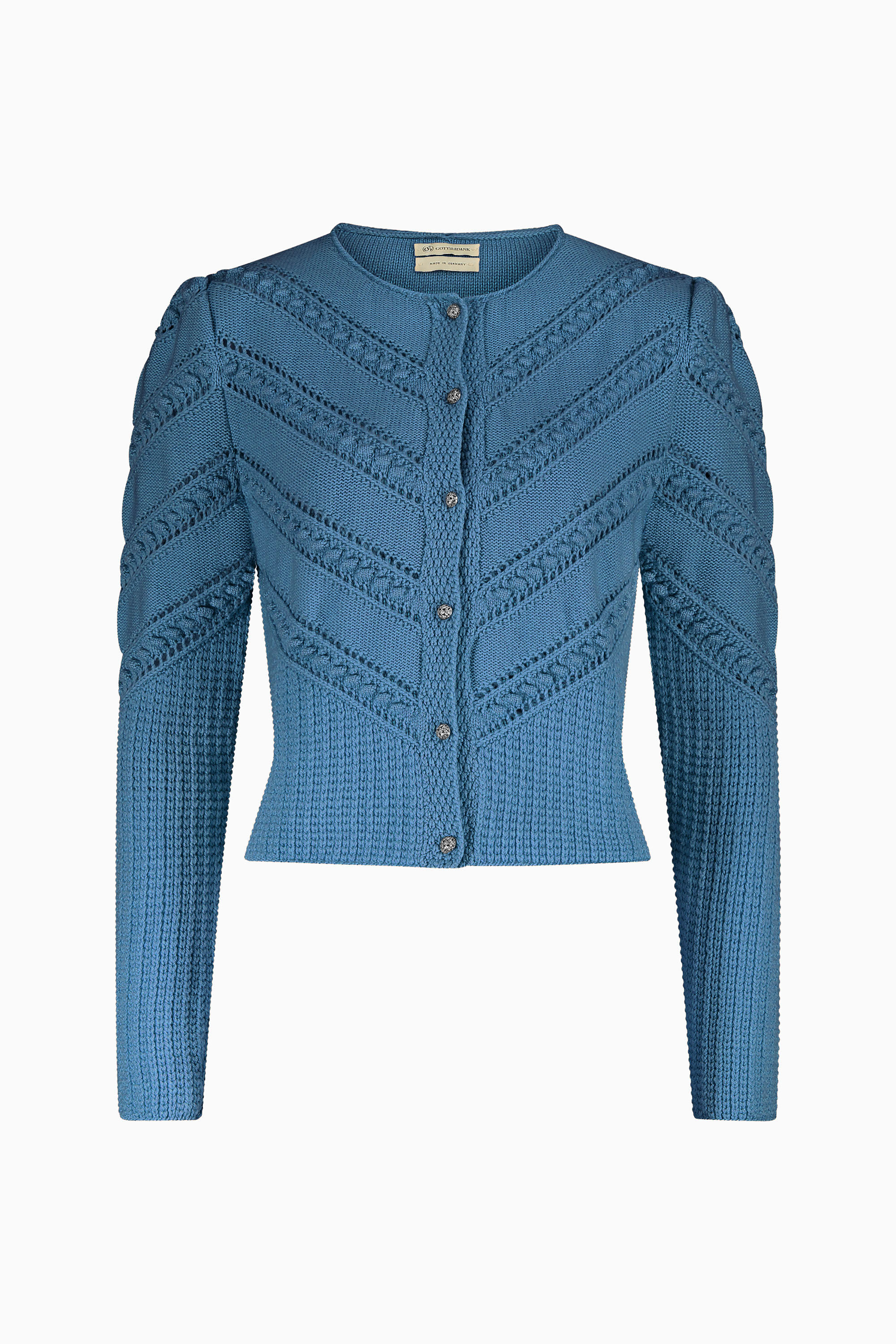 Kurze, Taillierte Damenstrickjacke mit leicht eingereihten Ärmeln und verschiedenen Strickmustern in blau.