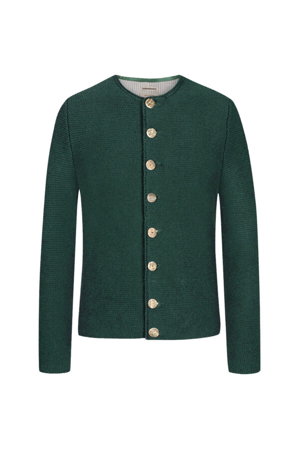 gerade geschnittene Herrenstrickjacke in Tannengrün mit gestreiftem Futter und Hirschhornknöpfen. Linksstrick.