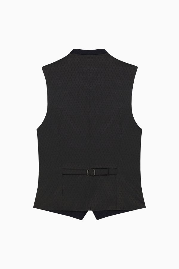 Dunkelblaue Herrenweste mit Paspeltaschen und goldfarbenen Knöpfen.