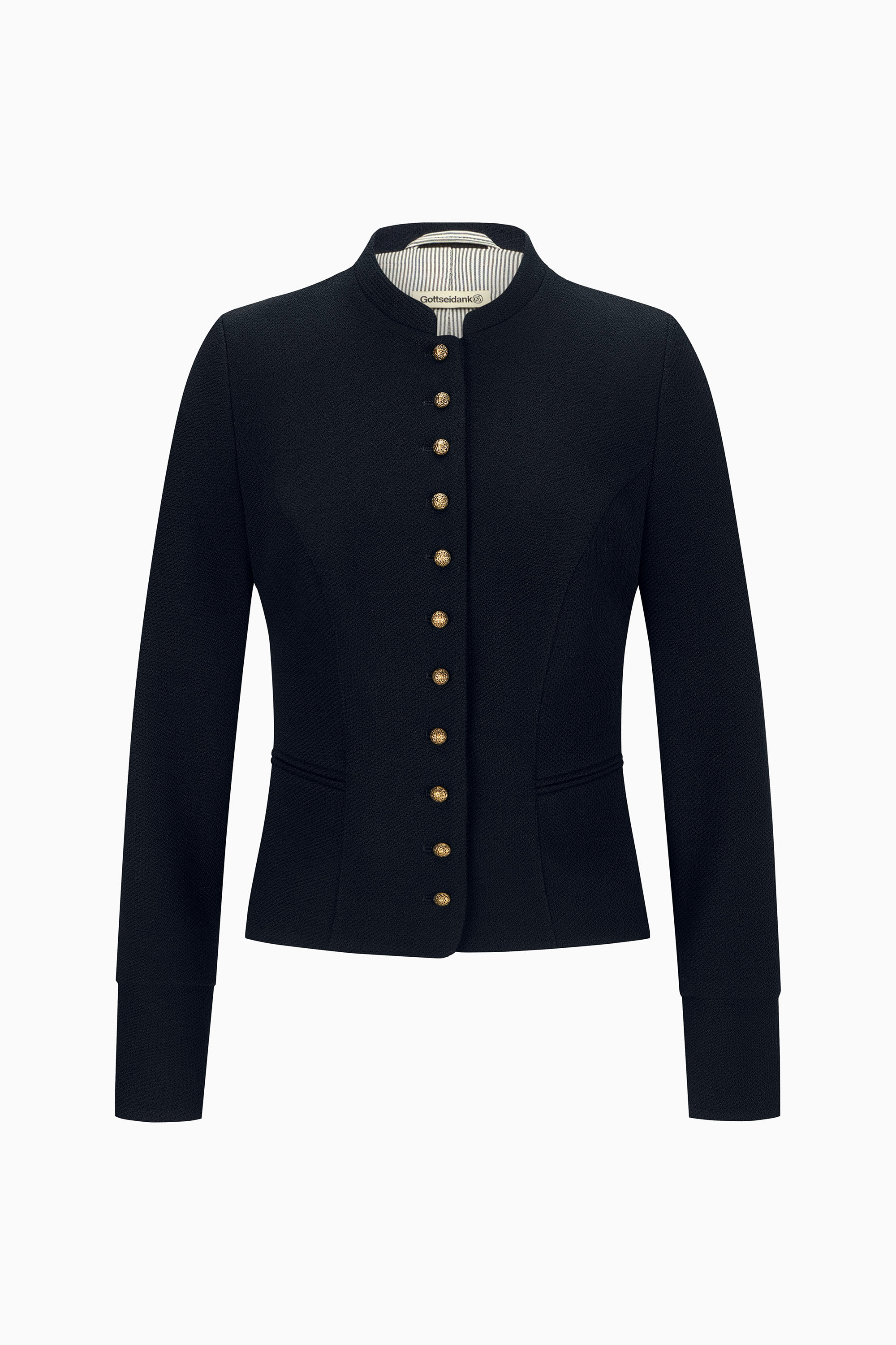 Tailliere Damenmiederjacke aus schwarzblauem Jersey mit Stehkragen, Wiener Naht und goldfarbenen Messingknöpfen.
