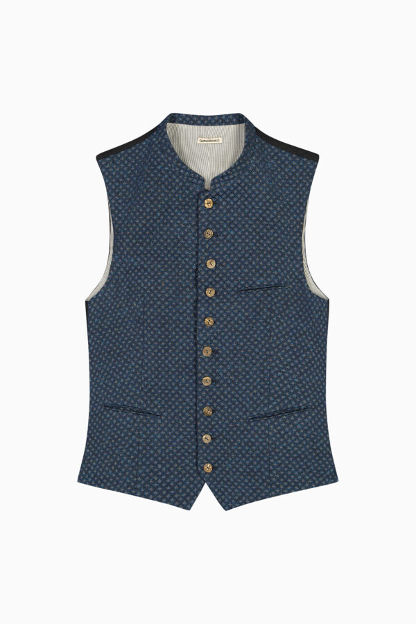 Blau gemusterte Herrenweste mit Stehkragen, Paspeltaschen und Hirschhornknöpfen.