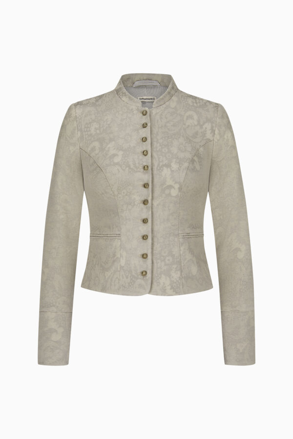 Helle Damenmiederjacke mit Stehkragen, Ton in Ton gemustert mit goldfarbenen Knöpfen. Tailliert geschnitten, mit Schößchen, Wiener Nähten und Manschetten.