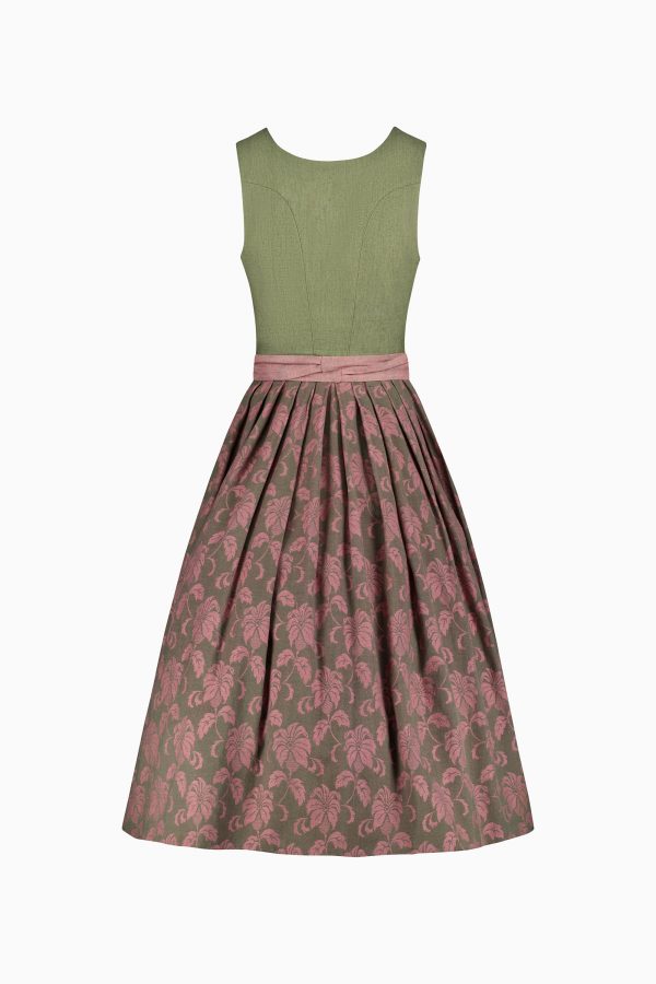 Hellgrünes Dirndl mit Hakenverschluss und klassischem Dirndlausschnitt und Teilungsnähten im Oberteil. Oberteil zu 100% aus Leinen. Grün Rosa gemusterter Rock. Rosa Leinen Schürze mit Fischgrat-Muster und Schürzenband. 80er Länge.